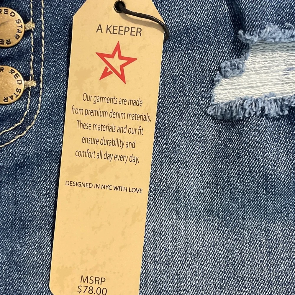 Red Star Button-Front Medium Blue Distressed Denim Mini Skirt Size 2 - Picture 11 of 16